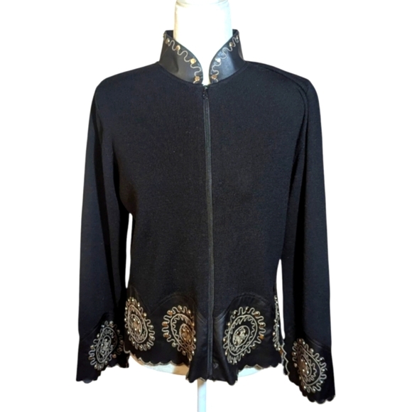 Victor Costa Designer Black Wool/Vegan Leather Embroidered Studded Jacket Sz S - Picture 9 of 12
